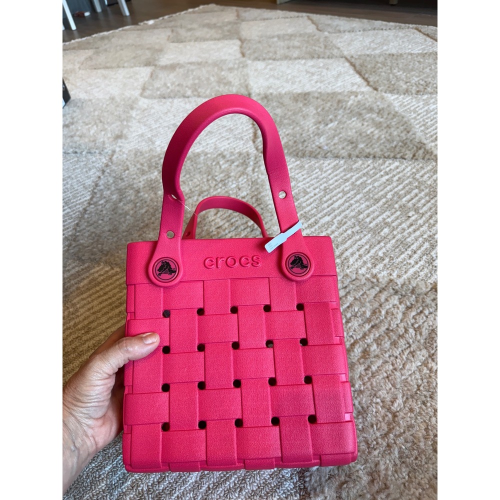 Crocs Small Tote Bag Pink Woven Basketweave‎ Croslite Rubber Handbag NWT